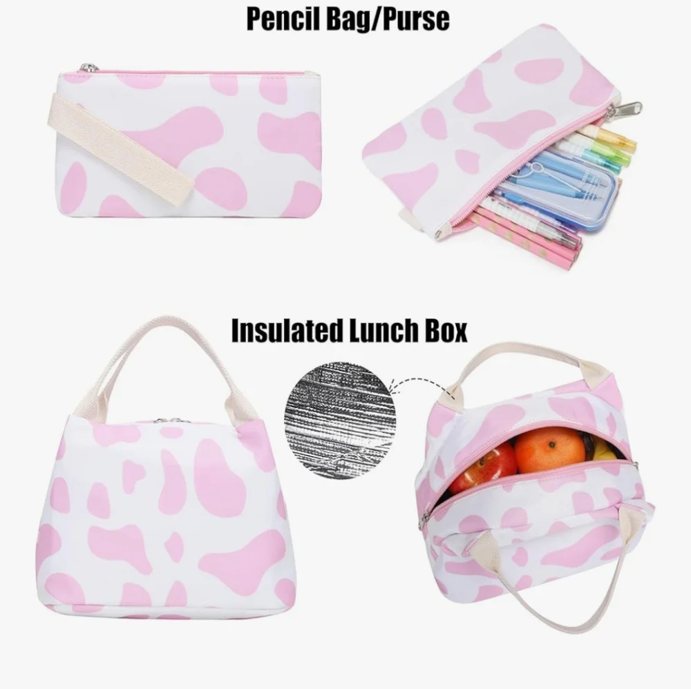 NWOT Chic Pink and White Kids Backpack Set With Insulated Lunch Bag, Pencil Case